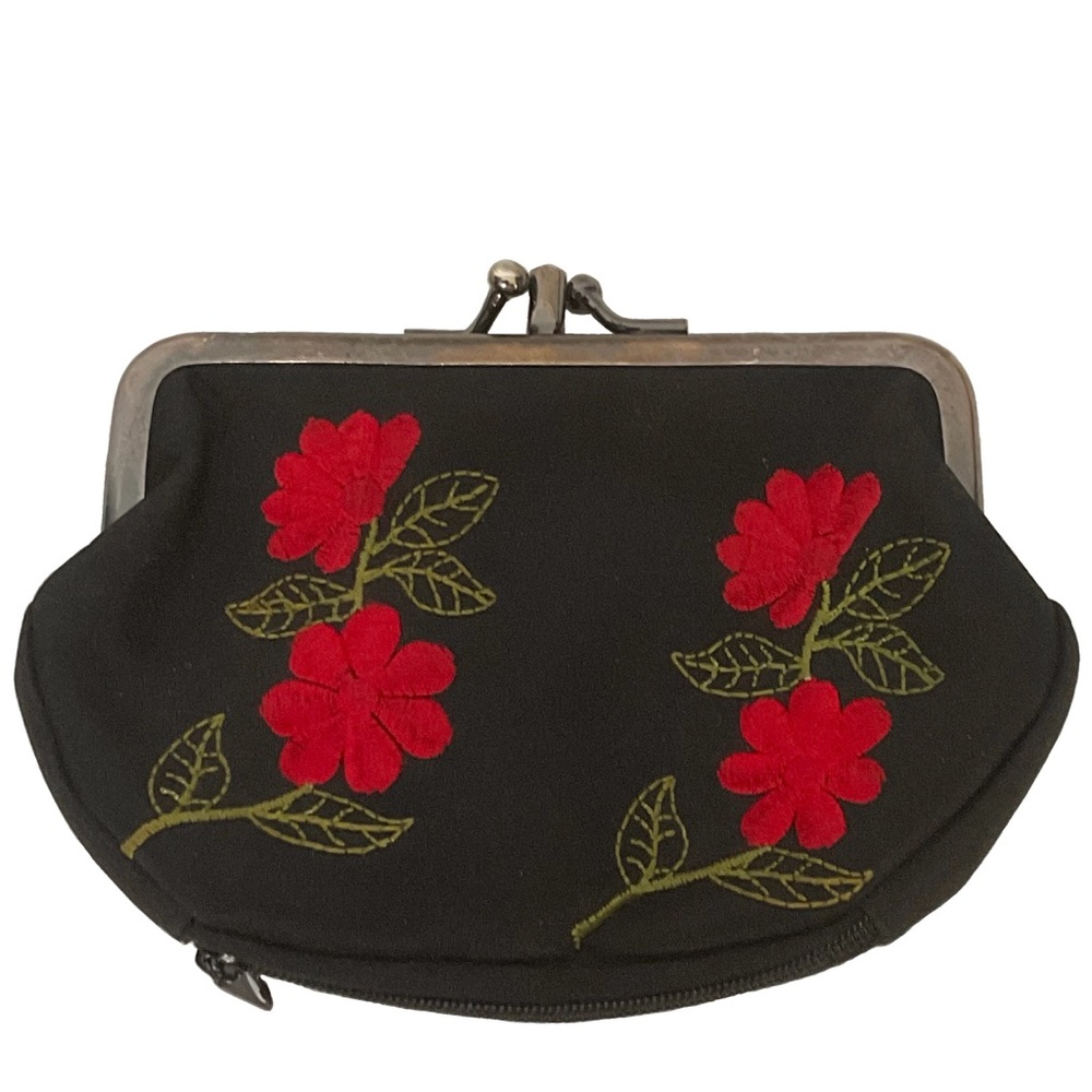 Black Red Rose Large 3 Compartment Embroidered Coin Purse Bag Clutch Kiss Lock